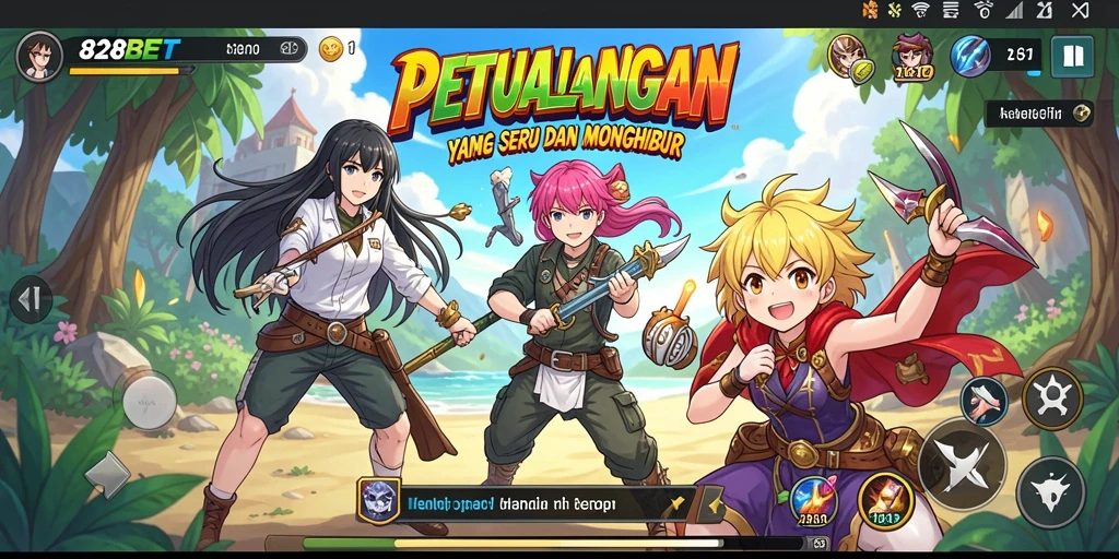 Tampilan gameplay 828BET yang memukau dengan karakter anime yang penuh warna.