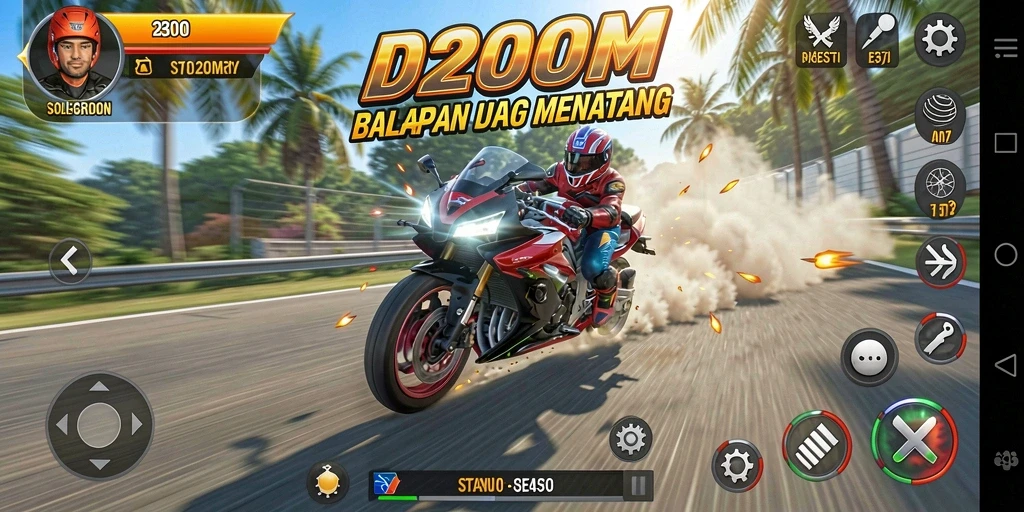Tangkapan layar gameplay D200M menampilkan balapan motor yang mendebarkan.