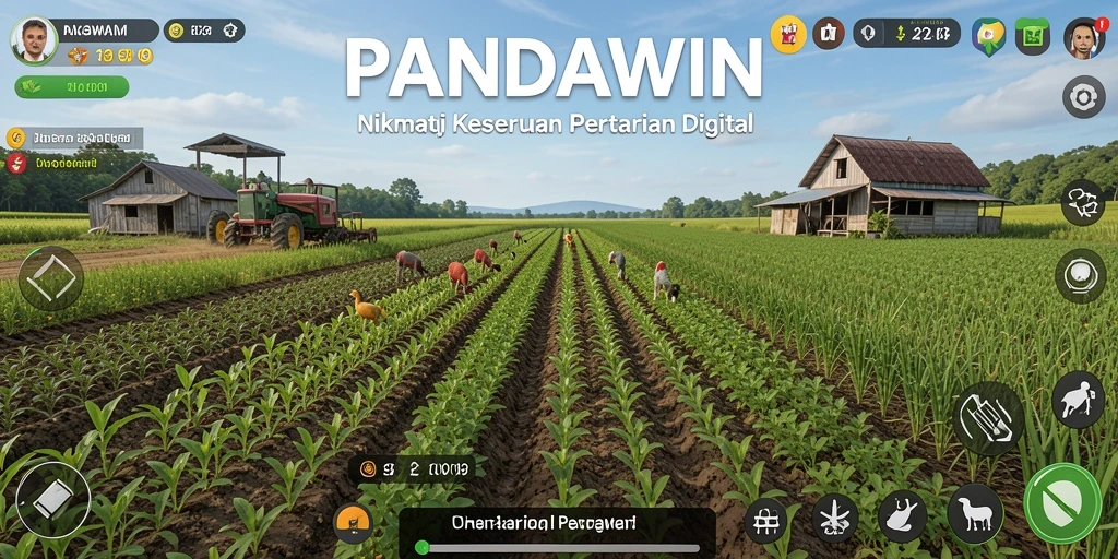 Screenshot gameplay PANDAWIN menampilkan lahan pertanian yang subur dan berwarna-warni.