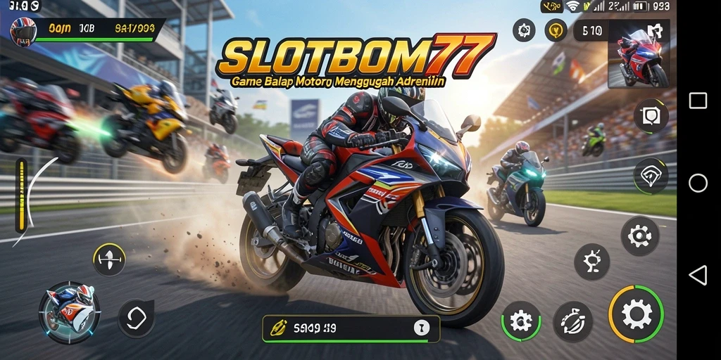 Tampilan gameplay SLOTBOM77 yang mendebarkan dan penuh aksi balap motor.