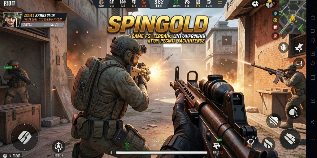 Tampilan gameplay SPINGOLD dengan pertempuran FPS yang mendebarkan.