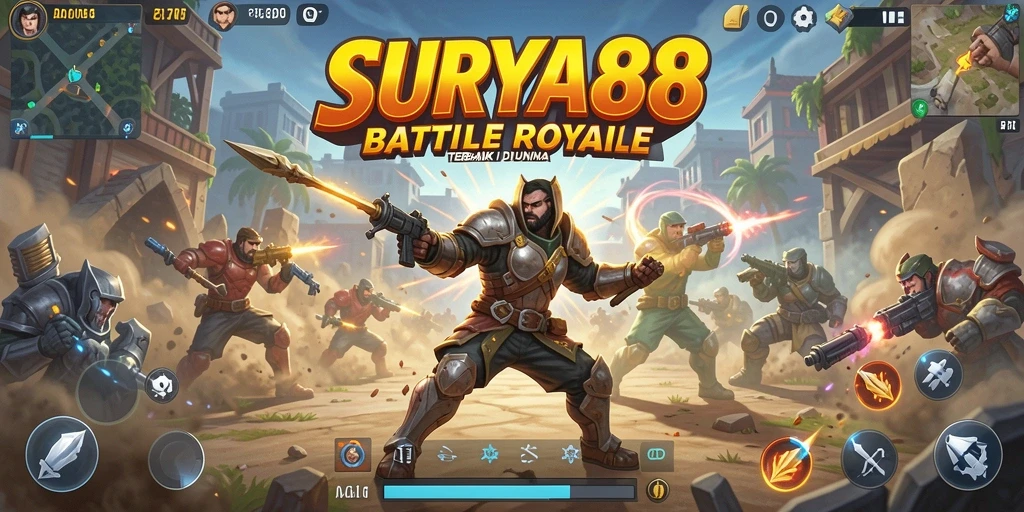 Screenshot gameplay SURYA88 dengan pertarungan seru di arena Battle Royale.
