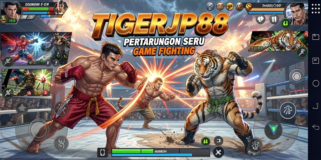 Gambaran gameplay seru dalam TIGERJP88 saat karakter bertarung di arena.